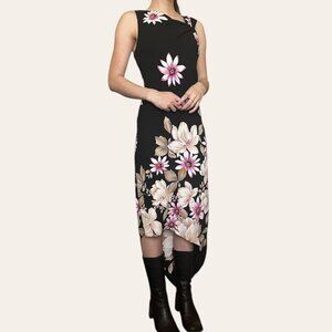 Dressbarn 90s vintage black/pink floral asymmetric midi dress - medium